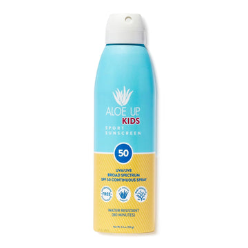 Aloe Up Kids Continuous Sport Sunscreen Spray SPF 50 - Broad Spectrum Sheer Face and Body Sunscreen Protector for Sensitive Skin - With Aloe Vera Gel - Dries Fast - Reef Safe - Fragrance-Free - 6 Oz