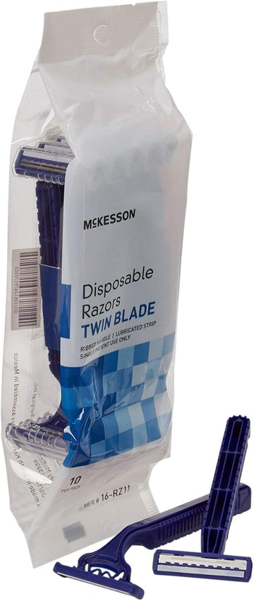 Mckesson Disposable Razors, Stainless Steel Twin Blade, Lubricated Strip, Ribbed Handle, Blue, 10 Count, 12 Packs, 120 Total