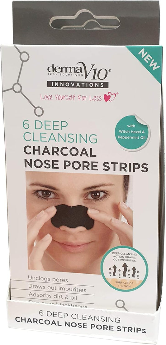 Derma V10 Charcoal Nose Pore Strips, Pack Of 6 Strips, Unclogs Pores, Removes Blackheads, Deep Cleaning, Draws Out Impurities, Absorbs Dirt And Oil, Enriched With Witch Hazel