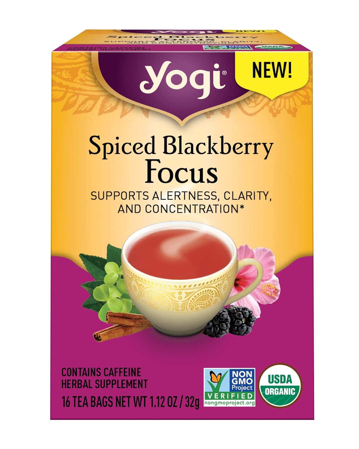 Yogi Tea Spiced Blackberry Focus Tea - 16 Tea Bags Per Pack (6 Packs) - Organic Blackberry Tea For Focus With Caffeine - Includes Black Tea Leaf, Hibiscus Flower, Cinnamon Bark & More