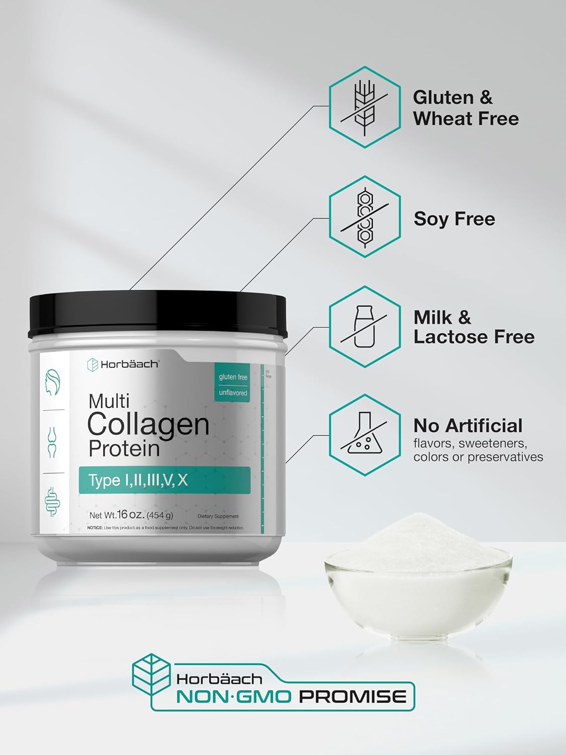 Horbäach Multi Collagen Protein Powder 16 oz | Type I, II, III, V, X | Hydrolyzed Collagen Peptide Powder | Keto & Paleo Friendly | Unflavored & Gluten Free : Health & Household