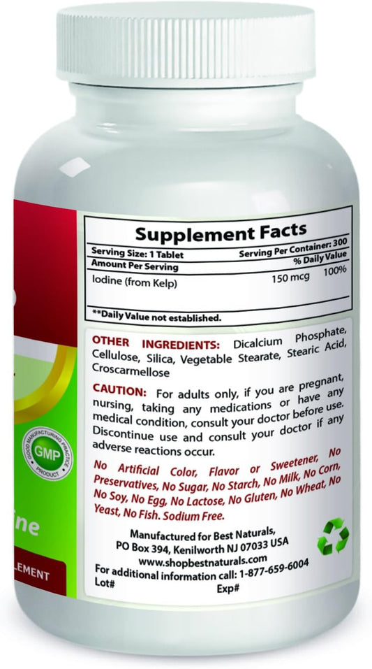 Best Naturals Kelp Supplement 150 Mcg Tablet, 300 Count