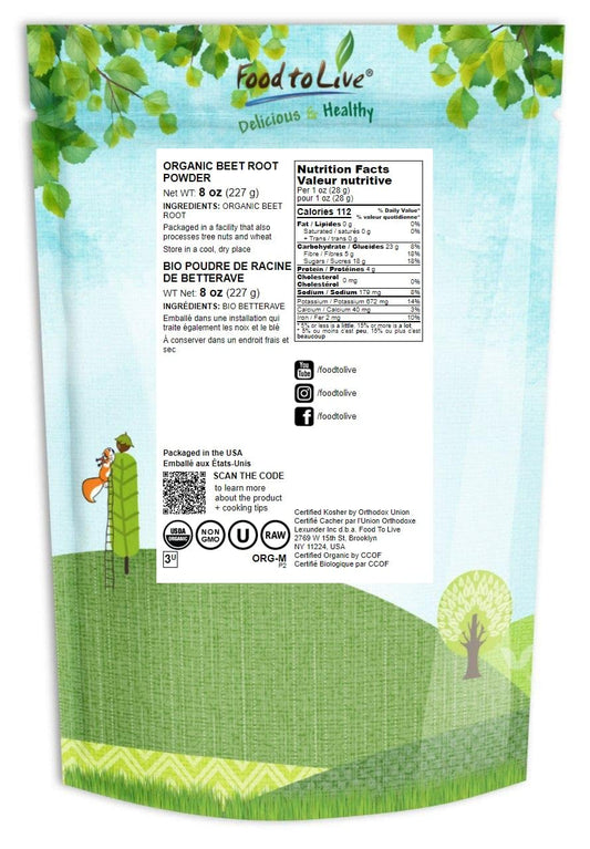 Food To Live Organic Beet Root Powder, 8 Ounces  Non-Gmo, Raw, Kosher, 100% Pure, Vegan Superfood, Bulk, Rich In Iron And Fiber, Great For Juices, Drinks, And Smoothies