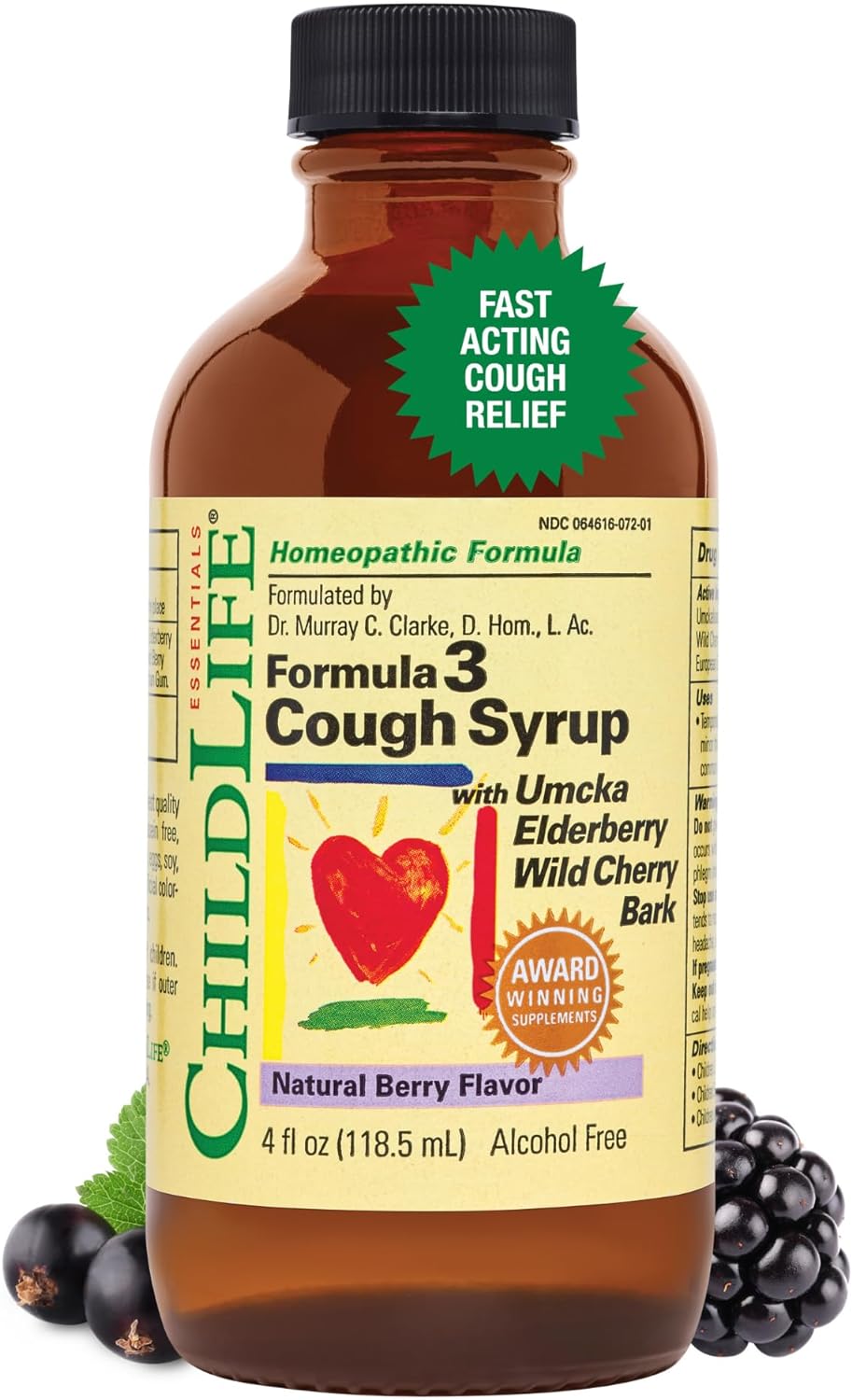 ChildLife Essentials Formula 3 Cough Syrup - Kids Cough Medicine, All-Natural, Gluten-Free, Allergen Free, Cough Syrup for Kids 2-11 - Natural Berry Flavor, 4 Fl Oz