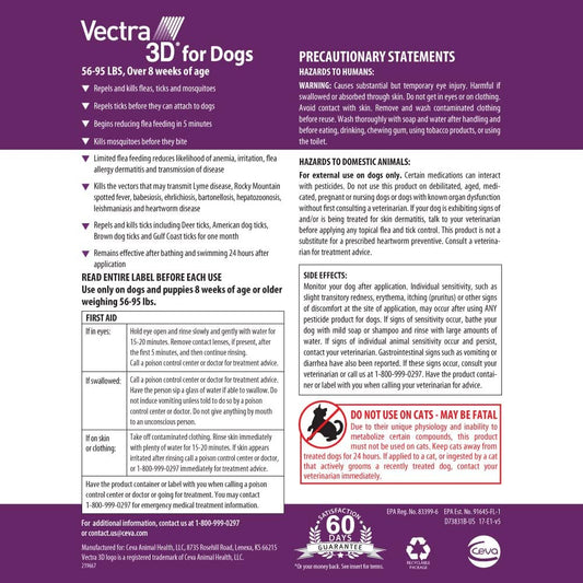 Vectra 3D for Dogs Flea, Tick & Mosquito Treatment & Prevention for Large Dogs (56 to 95 lbs) , 3 month supply