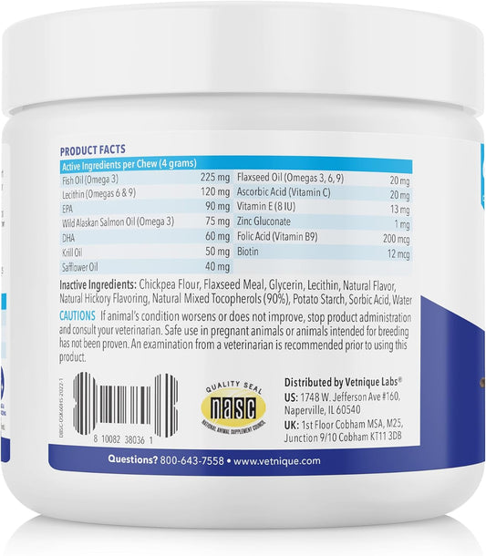 Vetnique Dermabliss Omega & Skin Health Fish Oil For Dogs Soft Chews Healthy Skin & Coat For Dogs With Biotin & Dha - Hickory Salmon Dog Treats (60Ct Chews)