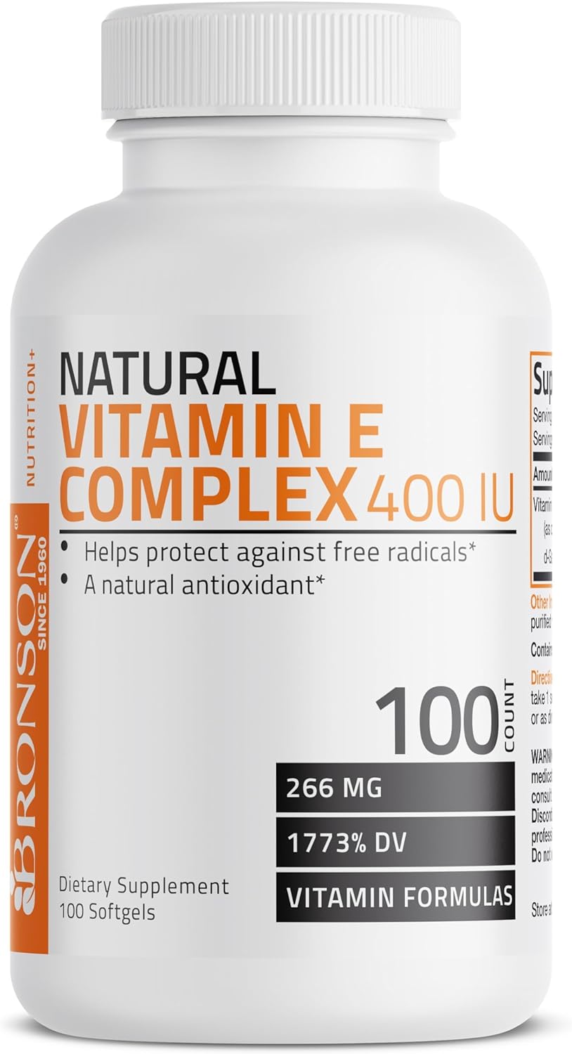 Bronson Natural Vitamin E Complex 400 I.U. Supplement (D-Alpha Tocopherol Plus D-Beta, D-Gamma, & D-Delta Tocopherols), Natural Antioxidant, 100 Softgels