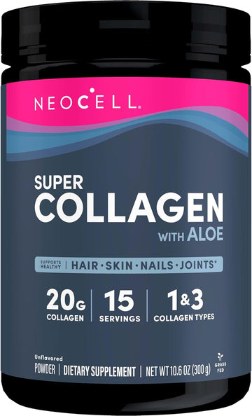 Neocell Super Collagen With Aloe; Collagen Type 1 And 3; Supports Healthy Hair, Skin And Nails; Gluten Free; Unflavored Powder; 10 G Collagen/Serving; 30 Servings; 10.6 Oz