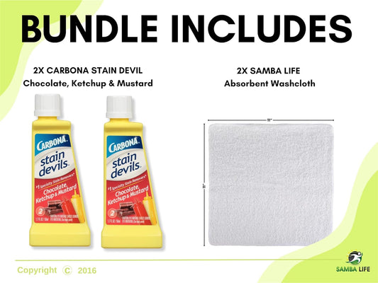 Laundry Stain Remover for Clothes Messy Eater Stain Treater Kit Includes 2X Carbona Stain Devil 1.7oz and 2x Samba Life Washcloth. Compatible with Shout Stain Remover (Ketchup, Mustard & Chocolate)