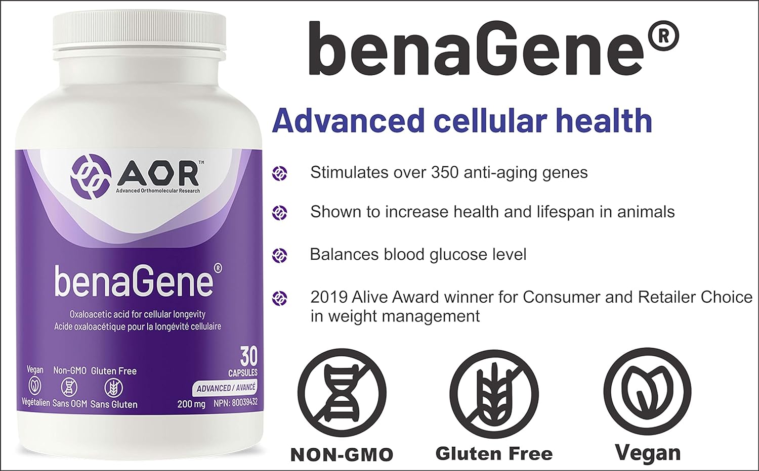 AOR, benaGene, Supports Healthy Aging, Energy and Longevity, Dietary Supplement, 30 servings (30 capsules) : Health & Household