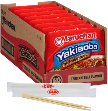 By The Cup Chopsticks and Soup Bundle - Maruchan Yakisoba Teriyaki Beef Flavor 4 Ounce Single Serving Home-style Japanese Noodles - (Pack of 8)