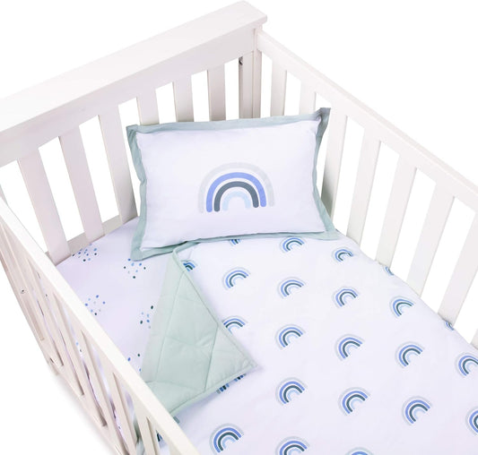 Ely'S & Co. Baby Crib Bedding Sets For Boys And Girls — 4 Piece Set Includes Crib Sheet, Quilted Blanket, Crib Skirt, And Decorative Toddler (Blue Rainbow, 4 Piece)