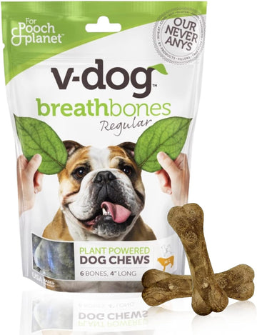 V-dog Dog Treats - Vegan Breathbone Teeth Cleaning Dental Dog Bones - Fresh Breath - 8 Ounces - All Natural - Made in USA - 6 Bones - 4" Long - Easy to Digest