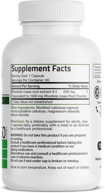 Bronson Rhodiola Rosea Vegetarian Capsules - Adaptogenic Herb - Brain, Stress & Mood Support - Non-Gmo, 60 Count