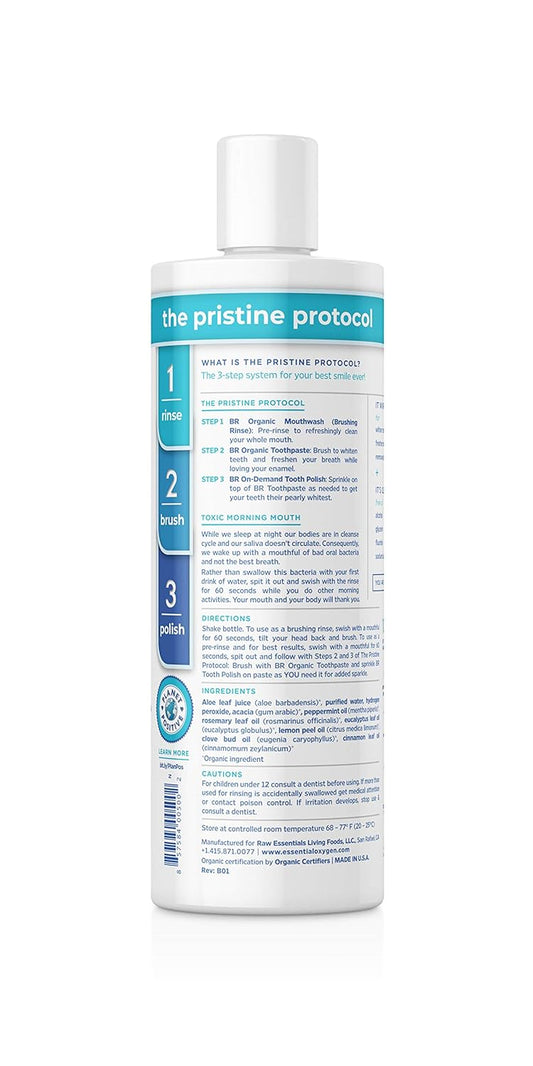 Essential Oxygen Certified BR Organic Brushing Rinse, All Natural Mouthwash for Whiter Teeth, Fresher Breath, and Happier Gums, Alcohol-Free Oral Care, Peppermint, 16 Ounce, Package may vary