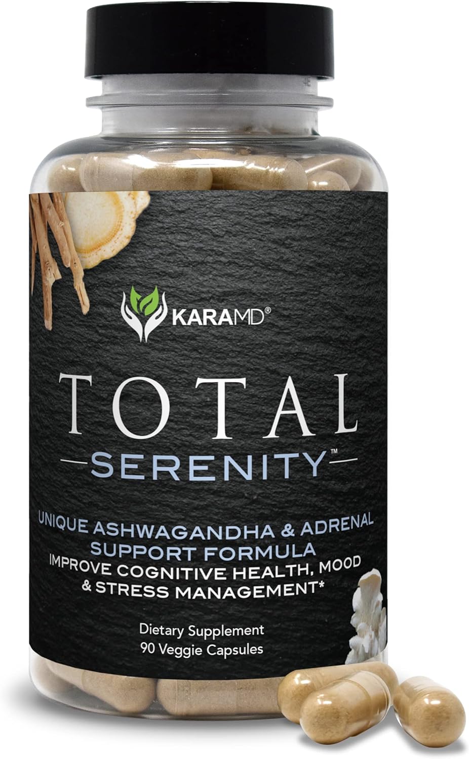 KaraMD Total Serenity - Supplement for Relaxation & Stress Relief Support - with Ashwagandha, L Theanine, Lemon, Panax Ginseng & Lion's Mane - Vegetable Capsules - 30 Servings (90 Capsules) - 1 Pack