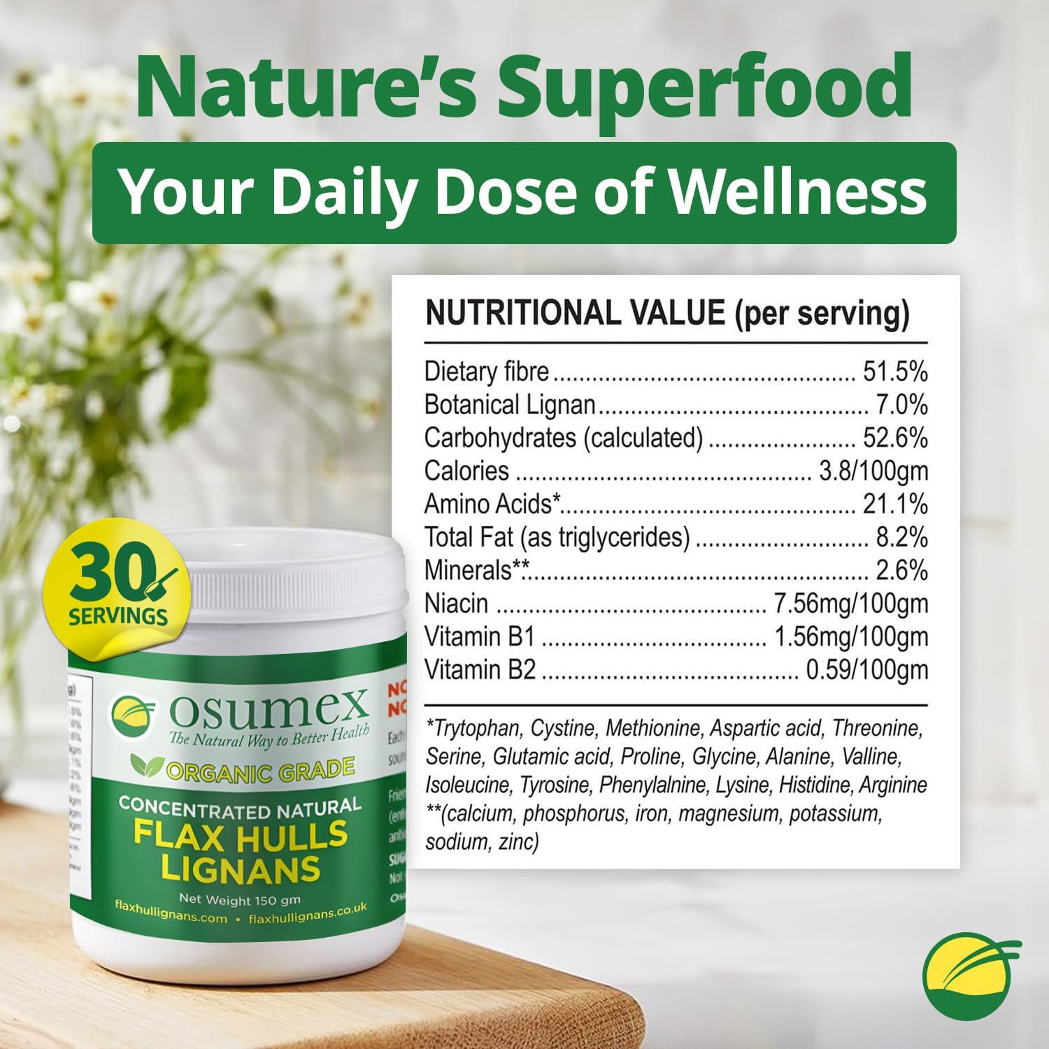 Osumex Flax Seed Hull Powder 150G - Flax Seeds Organic High In Lignan Sdg For Digestion, Natural Concentrate Flaxseed Shells Only No Flaxseed Oil Or Seeds Added, Smoothie Seeds For Daily Nutrition : Grocery & Gourmet Food