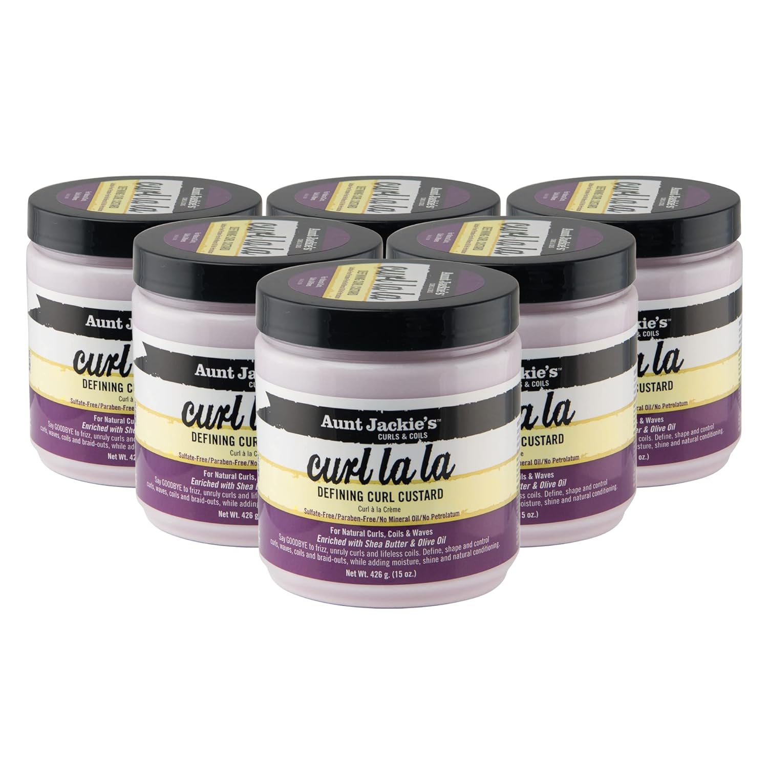 Aunt Jackie's Curls and Coils Curl La La Defining Curl Custard for Natural Hair Curls, Coils and Waves Enriched with shea Butter and Olive Oil, 15 oz, 6 Pack