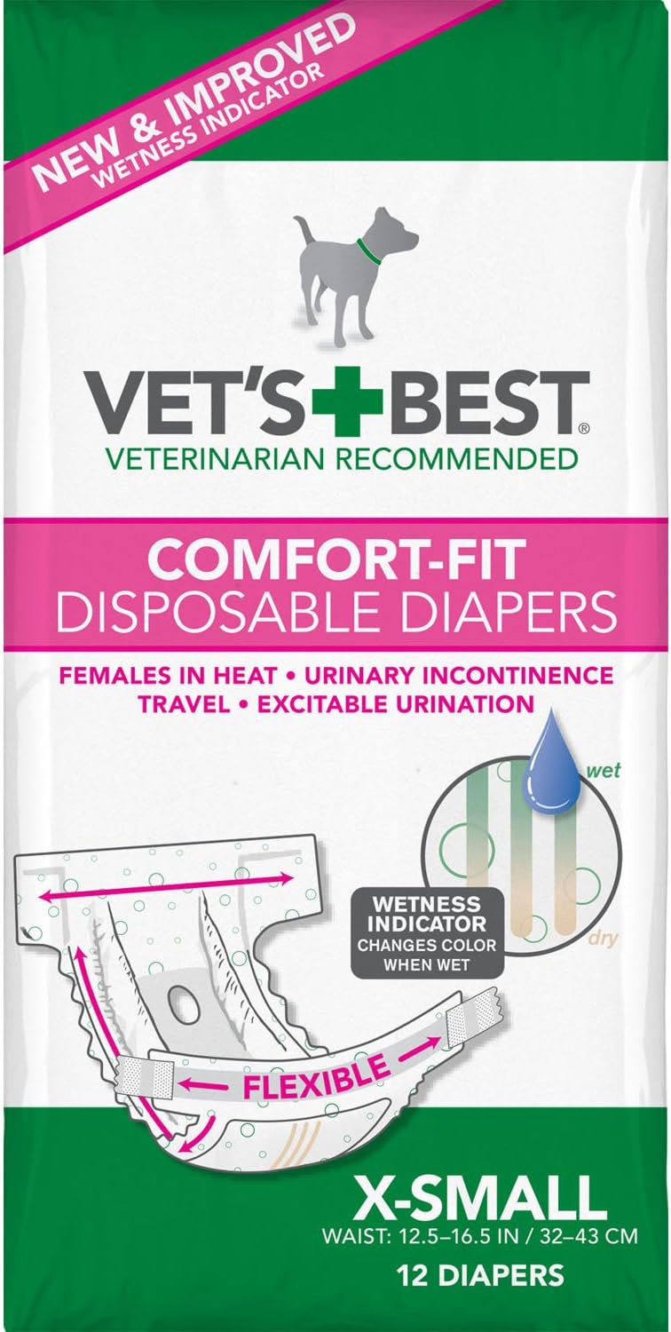 Vet's Best Comfort Fit Dog Diapers | Disposable Female Dog Diapers | Absorbent with Leak Proof Fit | X-Small, 12 Count?3165810445