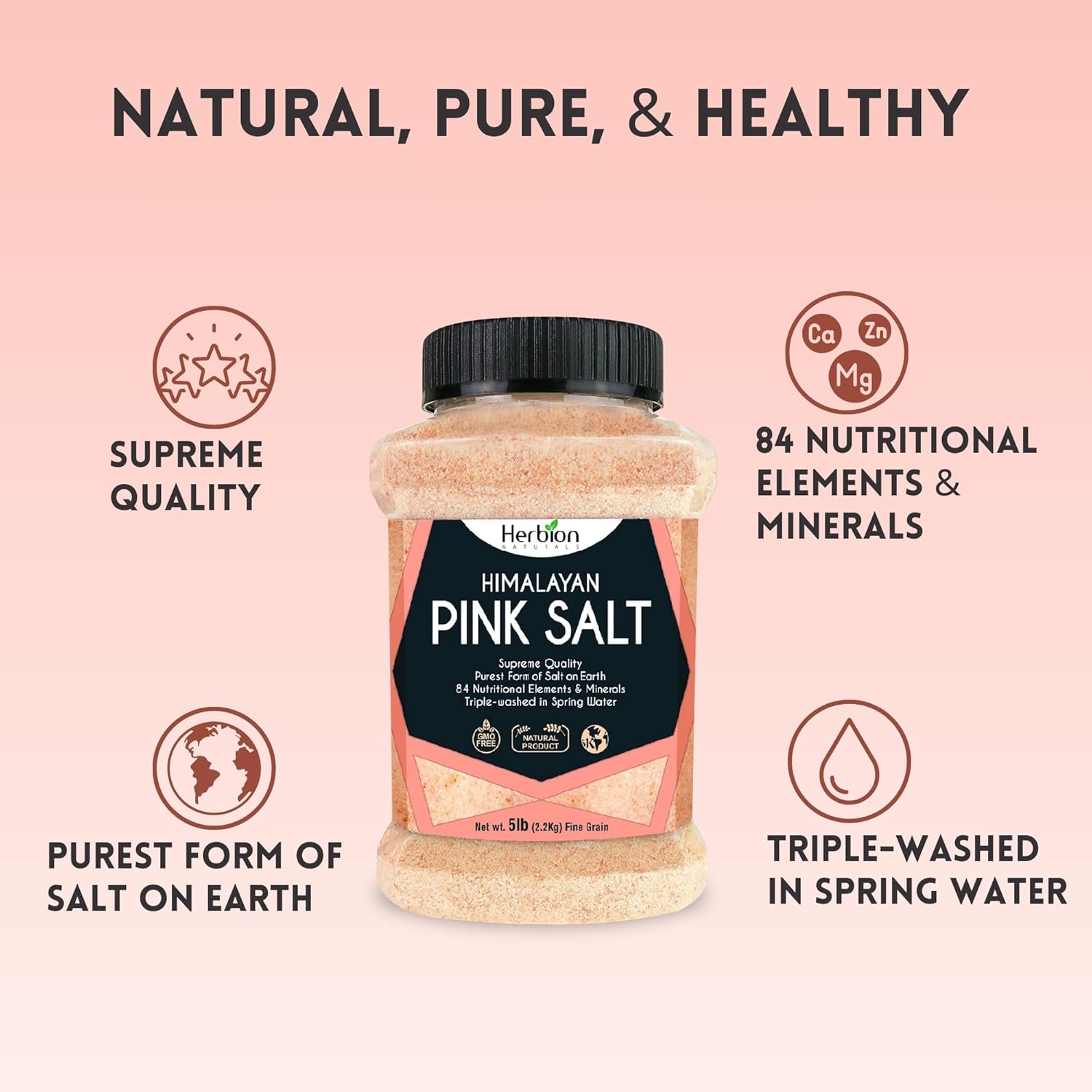 Herbion Naturals Himalayan Pink Salt Jar Fine Grain, Gmo Free, Supreme Quality Chemical Free, Vegan, Kosher Certified, Fine Grain All Natural Salt, Triple Washed In Spring Water, 5 Lbs : Grocery & Gourmet Food