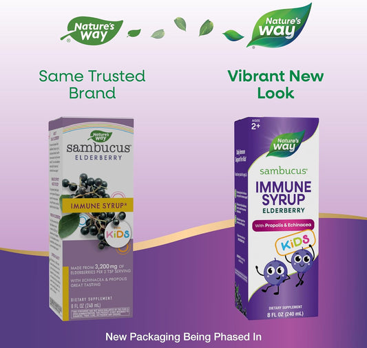 Nature'S Way Sambucus Elderberry Immune Syrup For Kids Ages 2+, With Echinacea & Propolis, Daily Immune Support*, Vegetarian, Berry Flavored, 8 Fl Oz (Packaging May Vary)