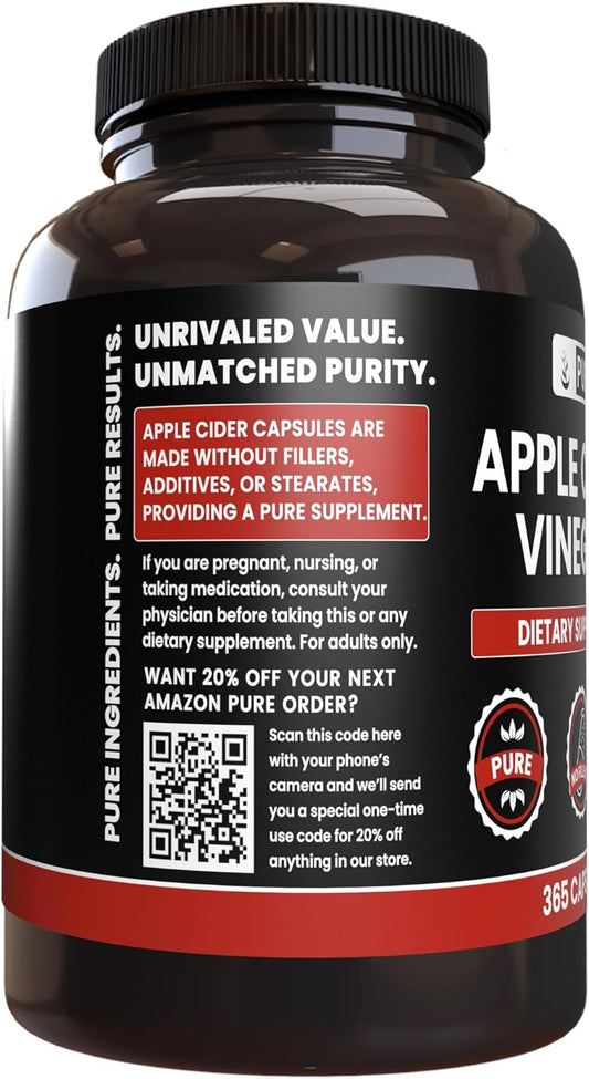 Pure Organic Ingredients Natural Apple Cider Vinegar No Magnesium Stearate Or Rice Fillers Non-Gmo, Undiluted Acv Powder With No Additives (365 Capsule)