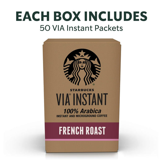 Starbucks Via Instant Coffee, Dark Roast Coffee, French Roast, 100% Arabica, 1 Box (50 Packets)