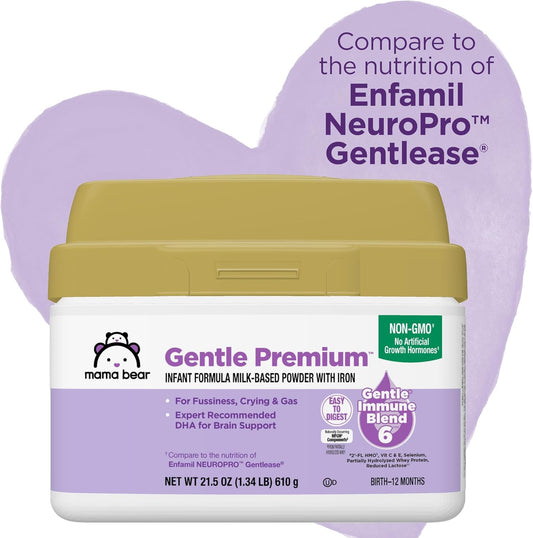 Amazon Brand - Mama Bear Gentle Premium Baby Formula Powder, Dha For Brain Support, Gentle Immune Blend 6, 2'Fl Hmo, For Fusiness, Crying & Gas, 21.5 Oz, 1.34 Pound (Pack Of 1)