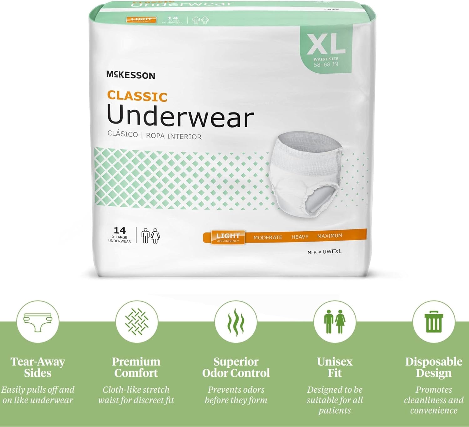 McKesson Classic Underwear, Incontinence, Light Absorbency, XL, 14 Count : Health & Household