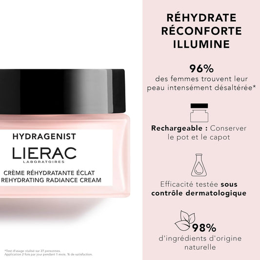 Lierac Hydragenist - Rehydrating Radiance Cream - Natural Hydrating Face Moisturizer For Women With Hyaluronic Acid & Rehydrating Ferment, Recomended For All Types Of Skin, 50 Ml