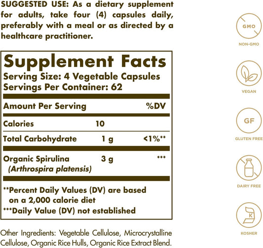 Solgar Spirulina 750 Mg, 250 Vegetable Capsules - Plant Plankton - Overall Well-Being - Immune Support - Super-Green - Non-Gmo, Vegan, Gluten Free, Dairy Free, Kosher - 62 Servings