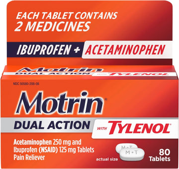 Motrin Dual Action with Tylenol, Dual Action Pain Reliever with Ibuprofen & Acetaminophen, Two Medicines for Minor Aches & Pains, Ibuprofen (NSAID) 125 mg & Acetaminophen 250 mg, 80 ct