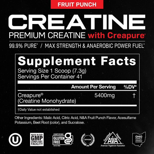 Muscle Feast Creapure Creatine Monohydrate Powder, Vegan Keto Friendly Gluten-Free Easy to Mix, Mass Gainer, Muscle Recovery Supplement and Best Creatine for Muscle Growth, Fruit Punch, 300g