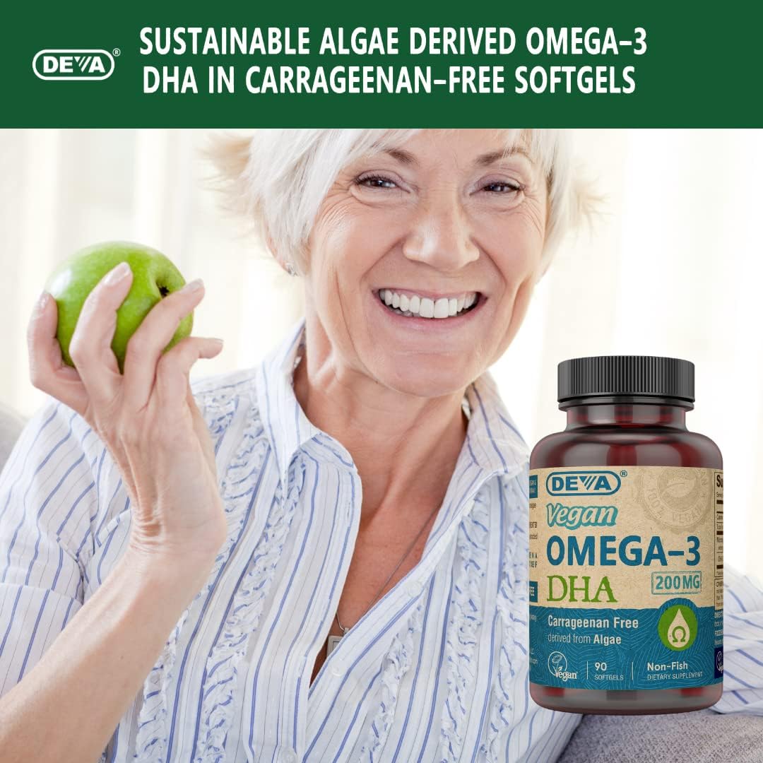 DEVA Vegan Omega-3 DHA Supplement, Once-Per-Day Softgel 200 MG, Carrageenan Free, Gelatin Free, Non-Fish, Algae Oil, Omega-3 Fatty Acids - 90 Softgels (Pack of 2) : Health & Household