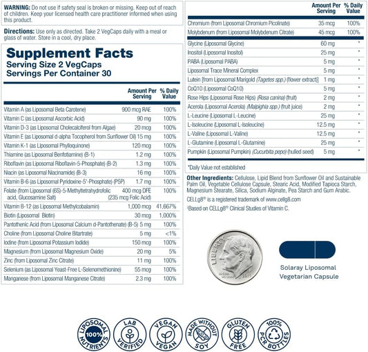 SOLARAY Liposomal Multivitamin for Men, Enhanced Absorption Immune, Energy & Bone Support, Mens Daily Multi Vitamin, BCAA’s, Vitamin D3, C, B12, Zinc, Vegan, Soy Free, 30 Servings, 60 VegCaps