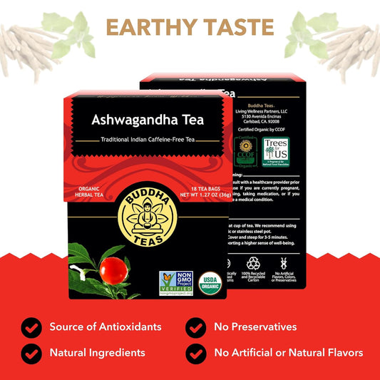 Buddha Teas - Organic Ashwagandha Root Tea - Herbal Tea - For Health & Wellbeing - With Antioxidants & Minerals - Clean Ingredients - Caffeine Free - Ou Kosher & Non-Gmo - 18 Tea Bags (Pack Of 1)