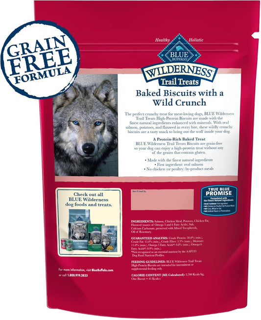 Blue Buffalo Wilderness Trail Treats High Protein Grain Free Dog Biscuits Crunchy Dog Treats, Salmon Recipe, 10-Oz Bag