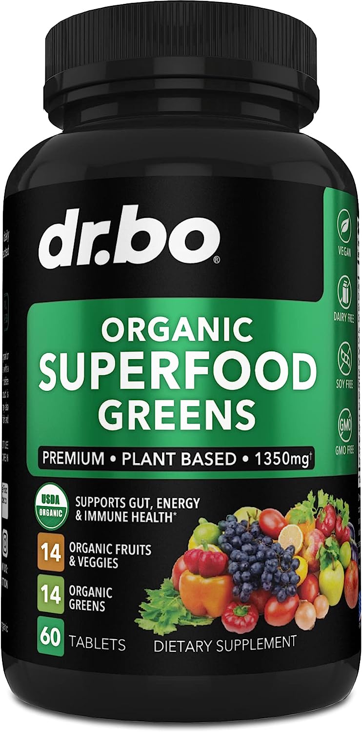 Organic Superfood Greens & Fruit Supplements - Energy Super Food Fruits and Veggies Supplement Tablets - Daily Green Veggie Powder Blend Plus Vegetable Foods Alfalfa, Spinach, Cabbage & Spirulina Tabs