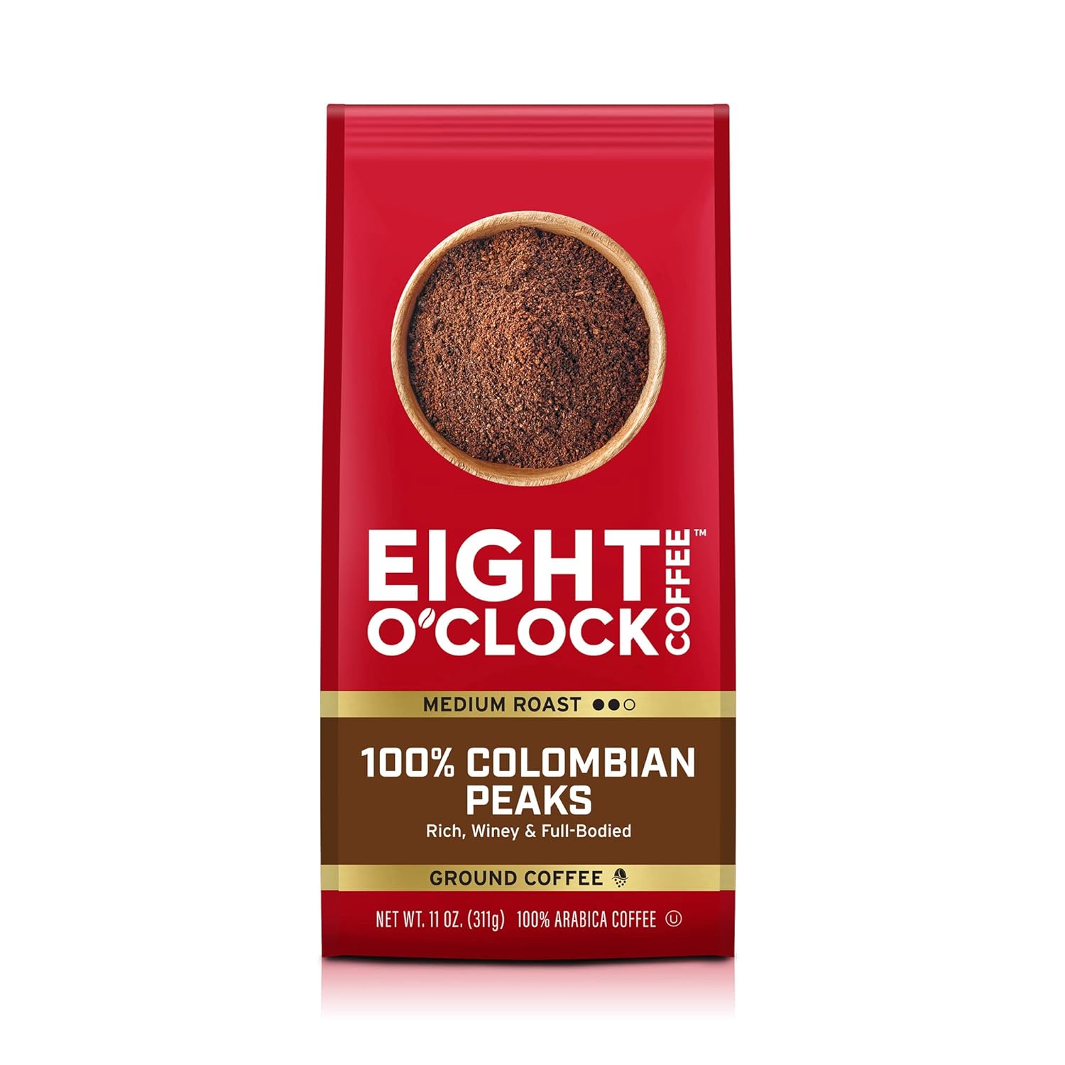 Eight O'Clock Coffee 100% Colombian Peaks & Arabica, 11 Ounce (Pack of 6) Medium Roast Ground Coffee, Rich & Winey