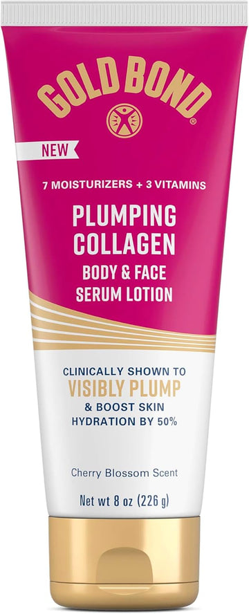Gold Bond Plumping Collagen Body And Face Serum Lotion, Lightweight Hydrating Moisturizer With Collagen Peptide Complex, Jojoba And Grapeseed Oils To Visibly Plump Skin, Cherry Blossom Scent, 8 Oz