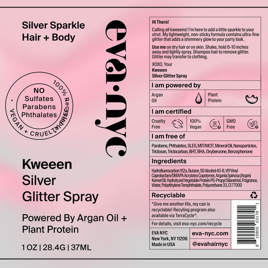 Eva Nyc Kweeen Silver Hair And Body Glitter Spray - Adds Shine & Glitter - Lightweight, Buildable + Biodegradable Formula - Non-Sticky, Quick Drying Shimmer Spray - Warm Vanilla Scent - 4.9 Oz