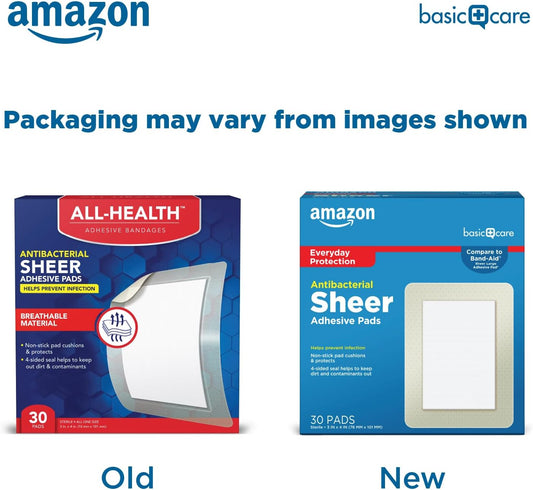 Amazon Basic Care Antibacterial Sheer Adhesive Pad Bandages, Extra Large Comfortable Non-Stick Pad, Helps Prevent Infection, First Aid & Wound Care Protection, All Skin Types, 30 Count (3X4 Inches)