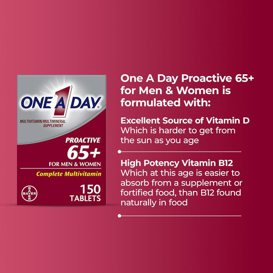 One A Day Proactive 65+, Mens & Womens Multivitamin, Supplement With Vitamin A, Vitamin C, Vitamin D, And Zinc For Immune Health Support*, Calcium, Folic Acid & More, Tablet 150 Count