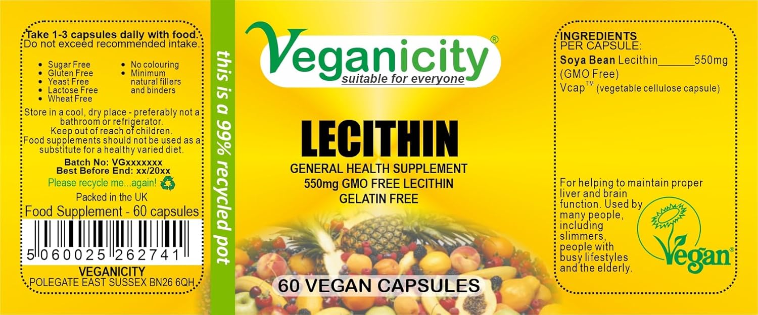 Veganicity Lecithin 550Mg : Memory Plant Supplement : 60 Capsules, In A Planet-Friendly 99% Recycled Pot