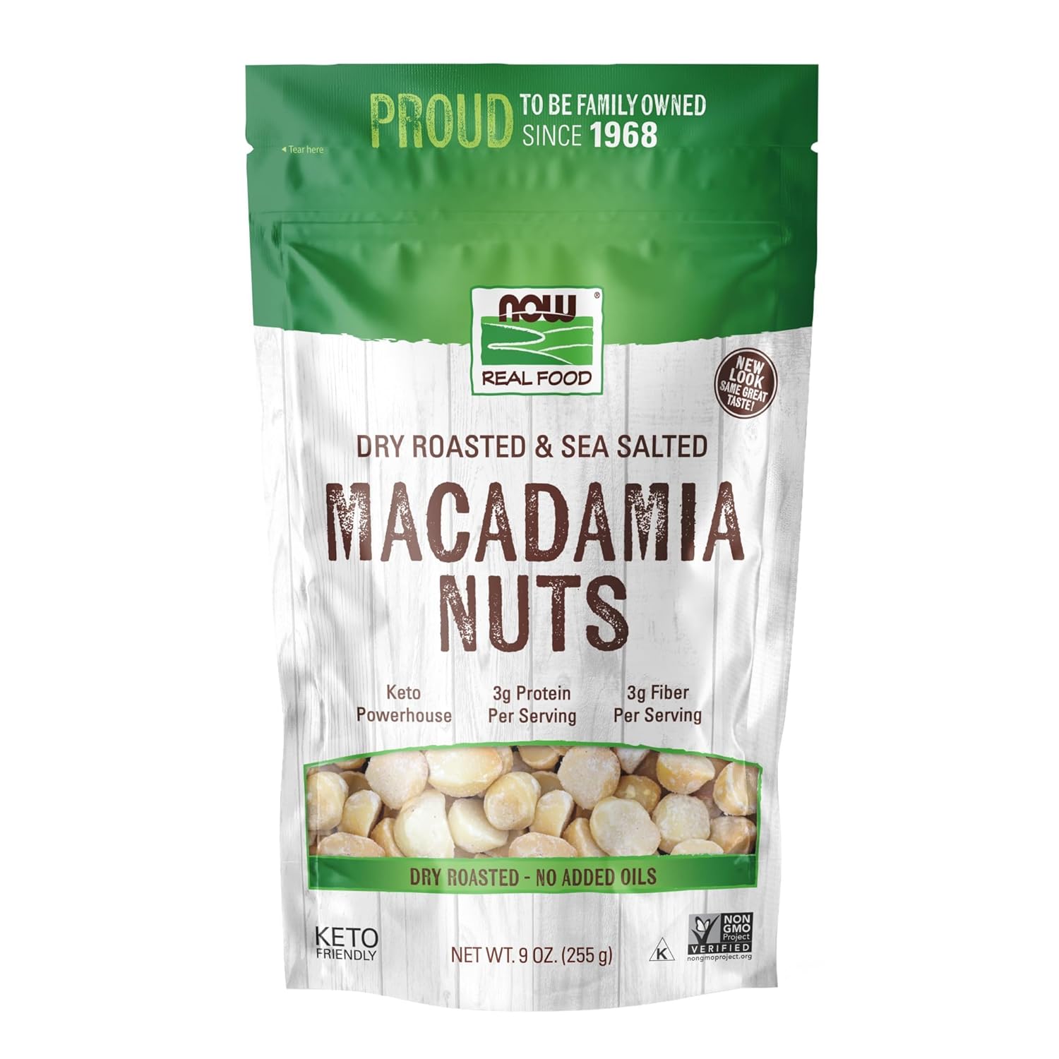 Now Foods, Macadamia Nuts, Dry Roasted With Sea Salt, Source Of Fiber, Gluten-Free And Certified Non-Gmo, 9-Ounce (Packaging May Vary)