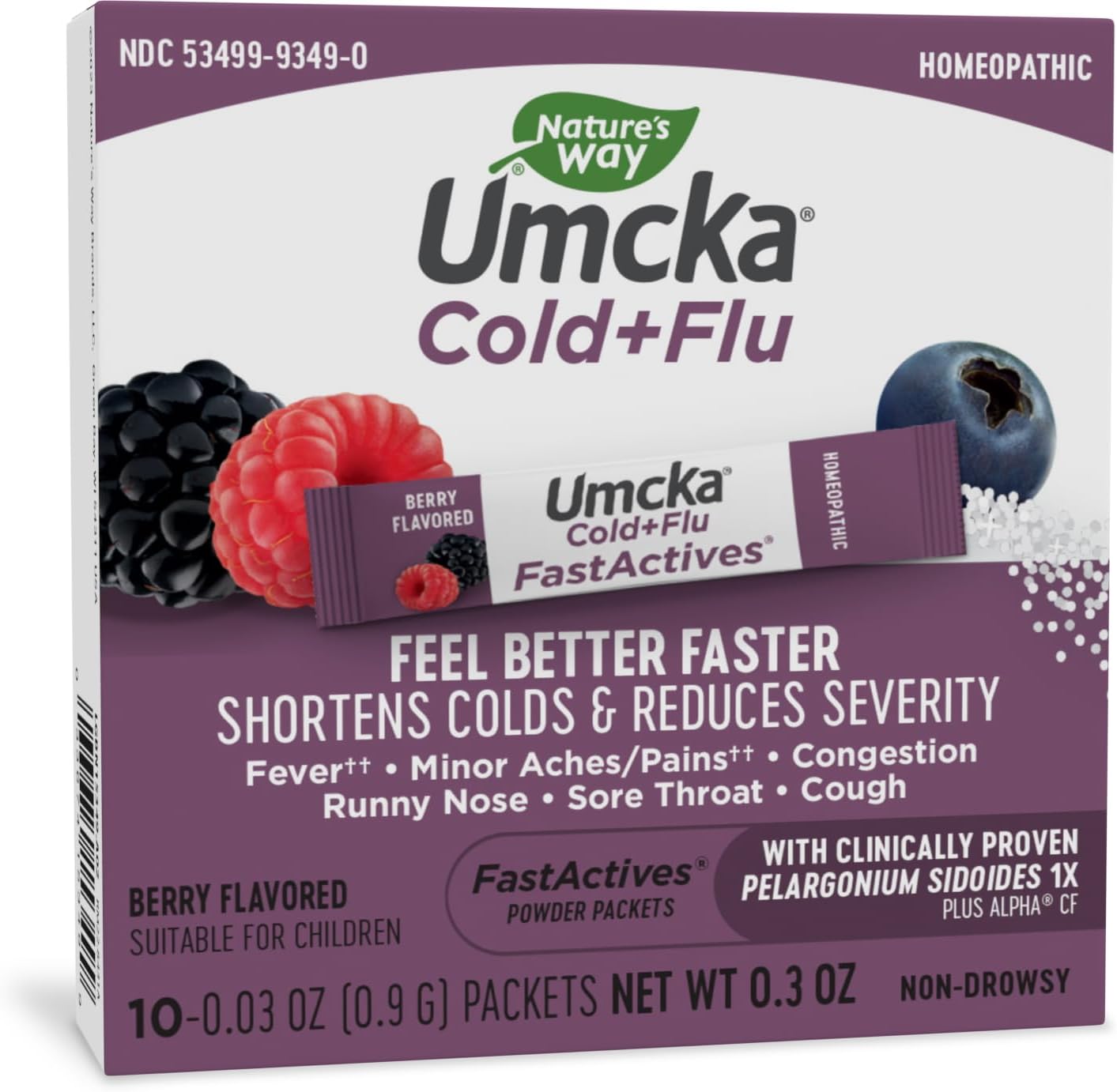 Nature'S Way Umcka Cold+Flu Fastactives Homeopathic, Fever**, Sore Throat, Cough, Congestion, Minor Aches/Pains**, Phenylephrine Free, Non-Drowsy, Berry Flavored, 10 Packets