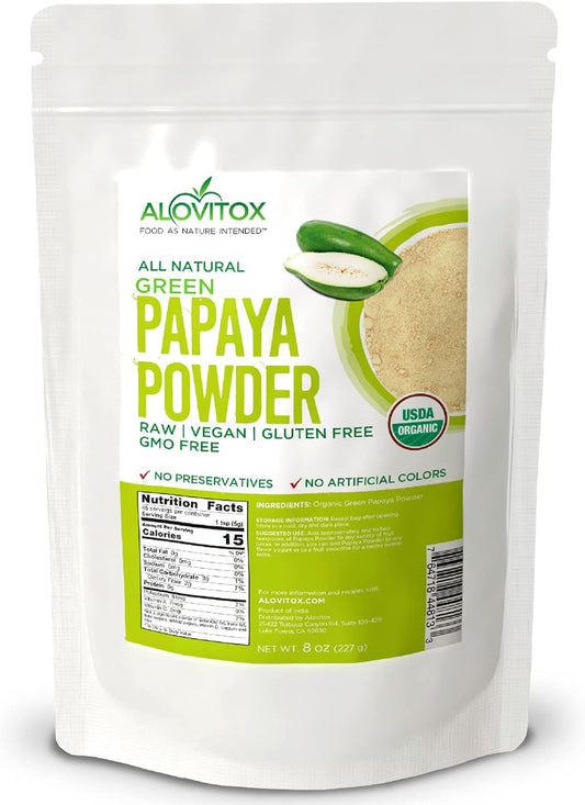 Alovitox Green Papaya Fruit Powder Antioxidant Papaya Enzyme for Immune Support, Healthy Digestion & Skin Health Organic Green Powder with Papaya Extracts for Smoothies & Shakes Vegan, Gluten Free-8oz