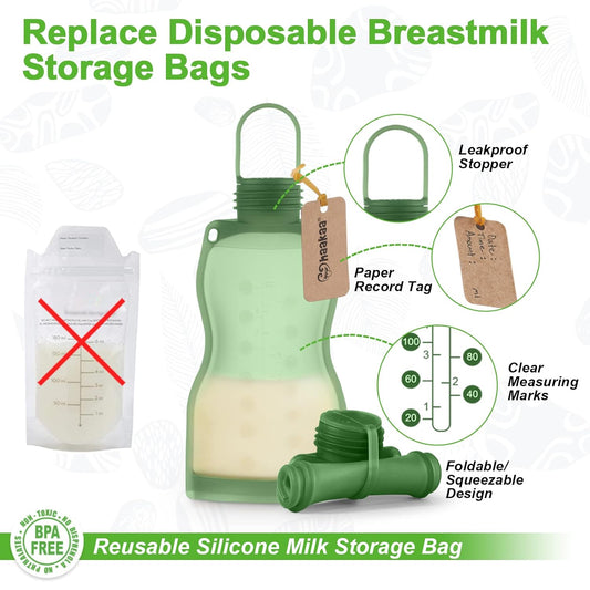 haakaa Silicone Breast Milk Storage Bag 9 oz- Reusable Milk Collector Freezer Bag for Breastfeeding Mom - Baby Food Storing Yummy Pouch - Breast Pump Bag - Self Standing -Leakproof - 5PK
