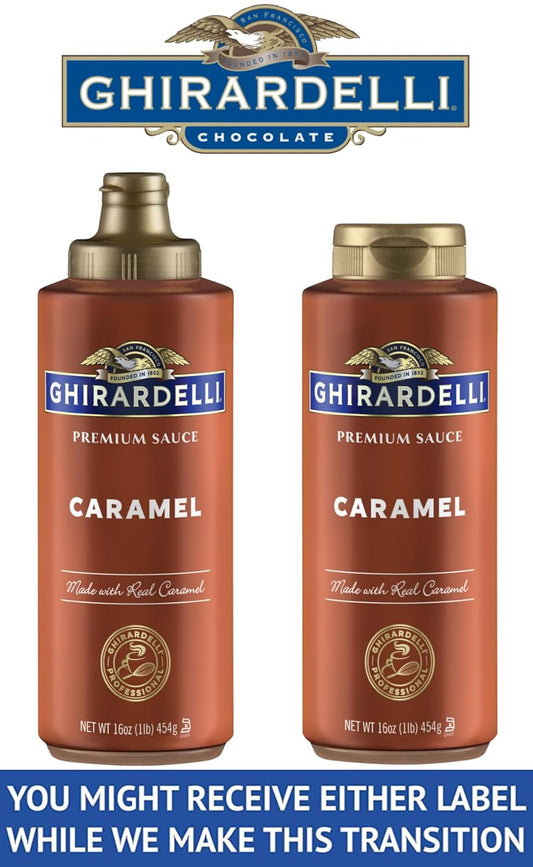 Ghirardelli Caramel Sauce, 16 Ounce Squeeze Bottle with Ghirardelli Stamped Barista Spoon