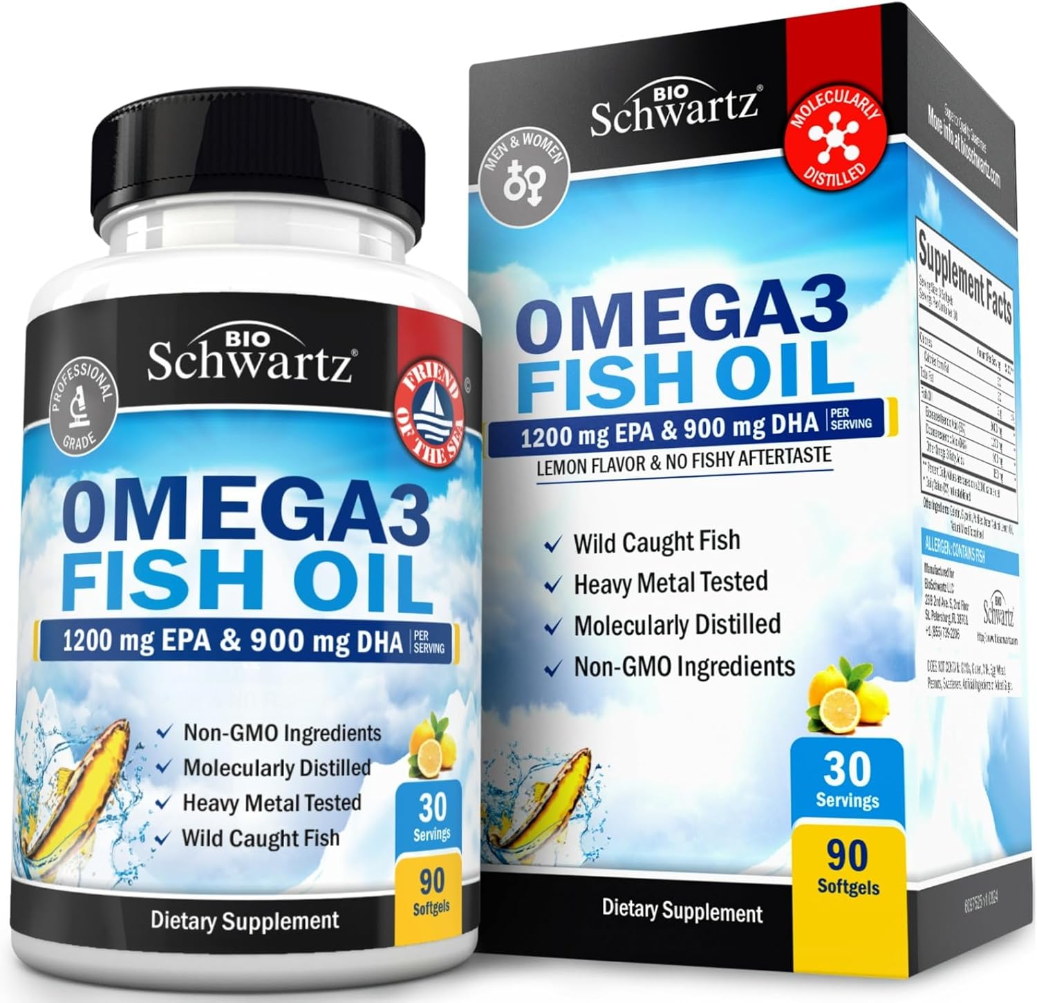 Triple Strength Omega 3 Fish Oil Supplement - 2250Mg Epa Dha Omega 3 Fatty Acids From Fresh Wild Caught Fish, Burpless Lemon Flavor Formula Supports Eye Health And More, Gluten Free, 180 Softgels